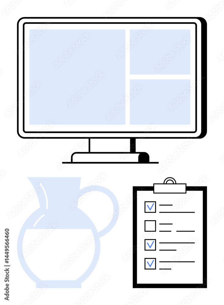 Poster computer monitor with grid layout, checklist clipboard with check marks, and a pitcher. ideal for pr