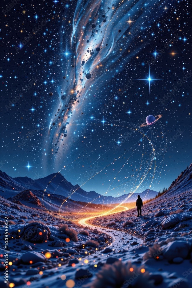 Poster abstract glowing particle landscape under a starry sky, subject on the right with clear copy space o