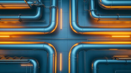 Obraz premium Industrial Steel Pipes Network Glowing Orange Lights Modern Factory Background