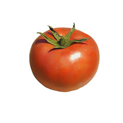 Fresh red tomato with green leaves on a plain background