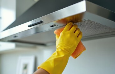 Hand in yellow glove cleans kitchen hood filters. Washing, cleaning kitchen extractor to remove grease. Hygiene, home maintenance, appliance, tidy domestic cleanliness.
