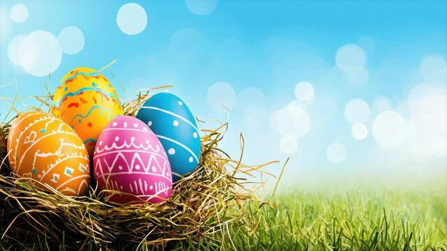 Colorful Easter eggs nestled in a nest, against a backdrop of a vibrant spring scene
