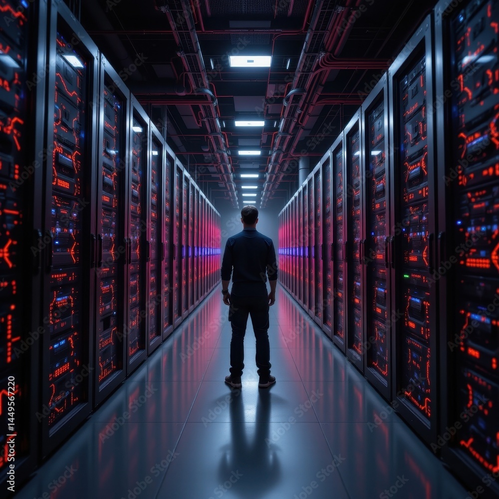 Poster subject standing at the bottom of a dark server data center room filled with puters and storage syst