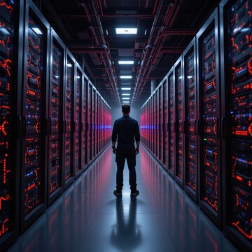 subject standing at the bottom of a dark server data center room filled with puters and storage systems, surrounded by glowing elements, ample copy space at the top for photo use.