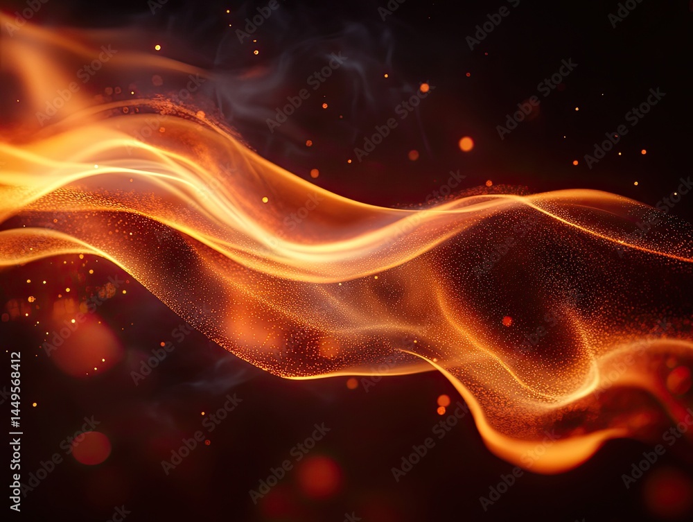 Poster golden light waves shimmer against a dark backdrop with glowing particles. use it to symbolize energ