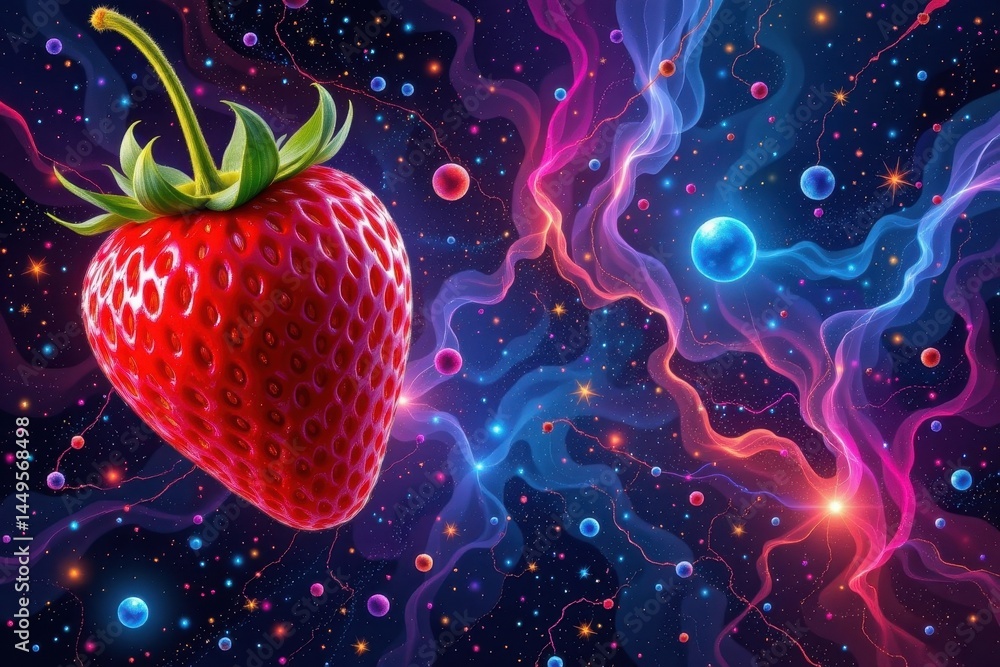 Poster vibrant abstract universe with a strawberry on the left, clear copy space on the right for text or d