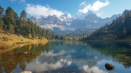 Majestic mountain range reflected on calm lake surface during autumn day