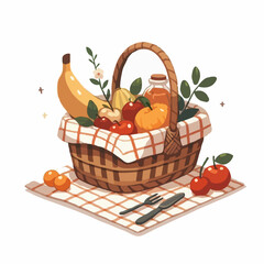 Picnic basket with fruits and juice on checkered cloth