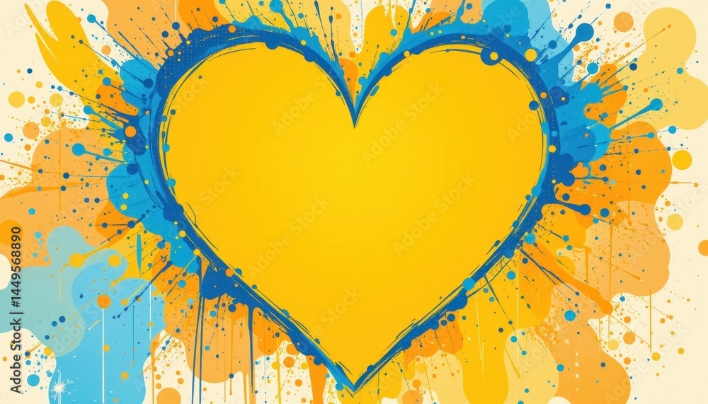 Poster abstract heart shape background with yellow and blue splashes, subject positioned at the top with cl