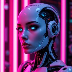 female robot portrait with an android face, under neon lights, position subject on the left side with clear copy space on the right for photos