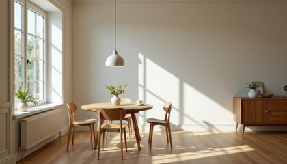 minimalist interior dining room with sunny ambiance, showcase a dining table and chair on the left side of the image