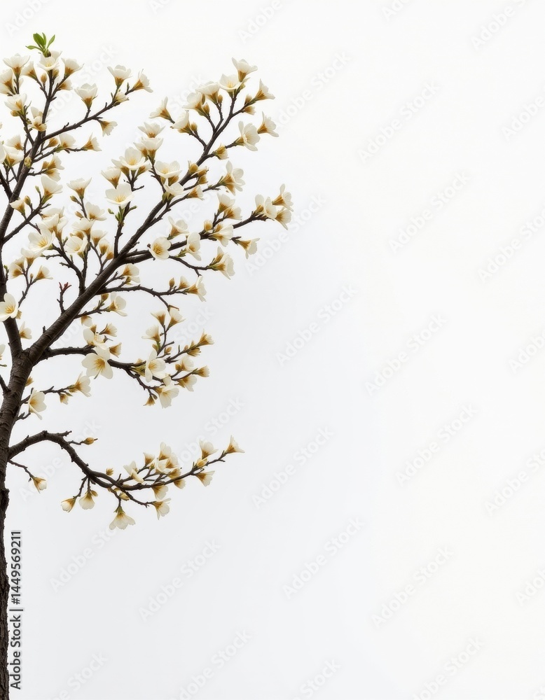 Poster white tree flowers blooming on the left side of the image against a white background, creating a min