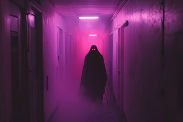 Ominous figure in dark hallway with pink neon fog and red eyes