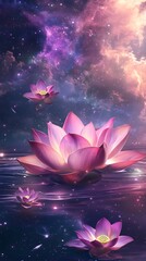 Pink Lotus Flowers in a Purple Cosmic Galaxy – Spiritual and Mystical Concept
