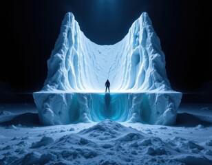 subject standing at the bottom of an iceberg in polar regions, illuminated by studio lights, clear copy space at the top for text or graphics.