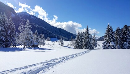 Fototapeta premium Serene Winter Wonderland Snow-Covered Mountains and Forest Path