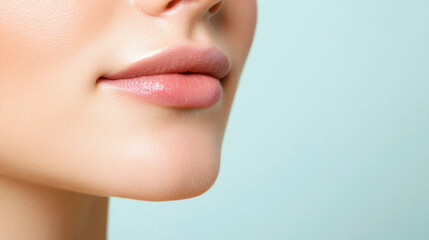 Obraz premium Close up of woman lips showcasing smooth skin and natural glow, evoking sense of beauty and elegance