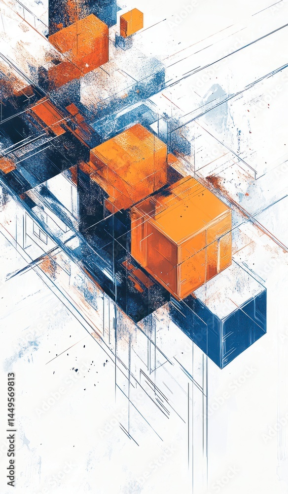 Poster abstract design of orange cubes and blue lines in a white background, for use in concept art, patter