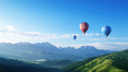 Fototapeta premium Colorful hot air balloons float above lush green hills and majestic mountains under clear blue sky, creating serene and picturesque landscape