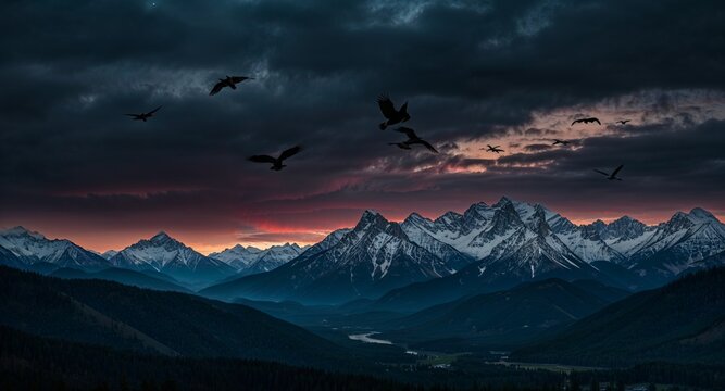 	“Twilight over gothic mountains with crows flying”