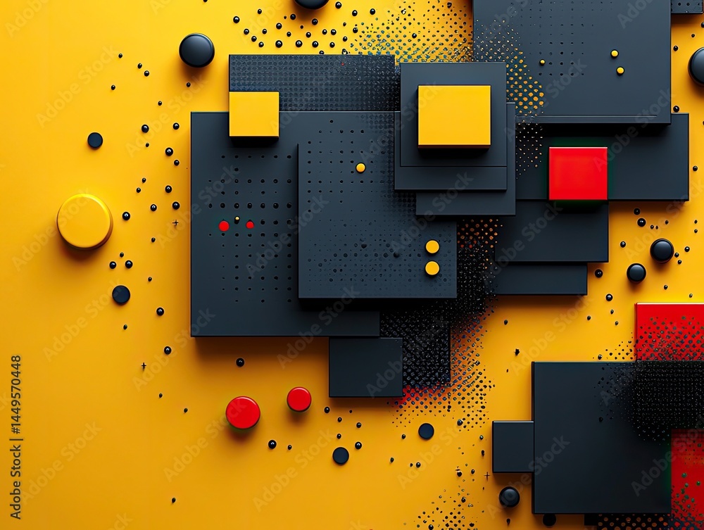 Poster modern background of black squares and circles on yellow with red and yellow. perfect for graphic de