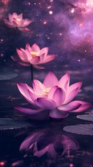 Pink Lotus Flowers in a Purple Cosmic Galaxy – Spiritual and Mystical Concept