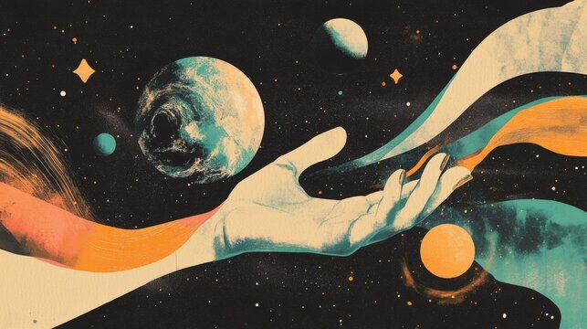 Modern art uses simple shapes to create a collage. It shows a dreamy mix of a hand, a planet, and space. It represents deep ideas about the mind and the universe.
