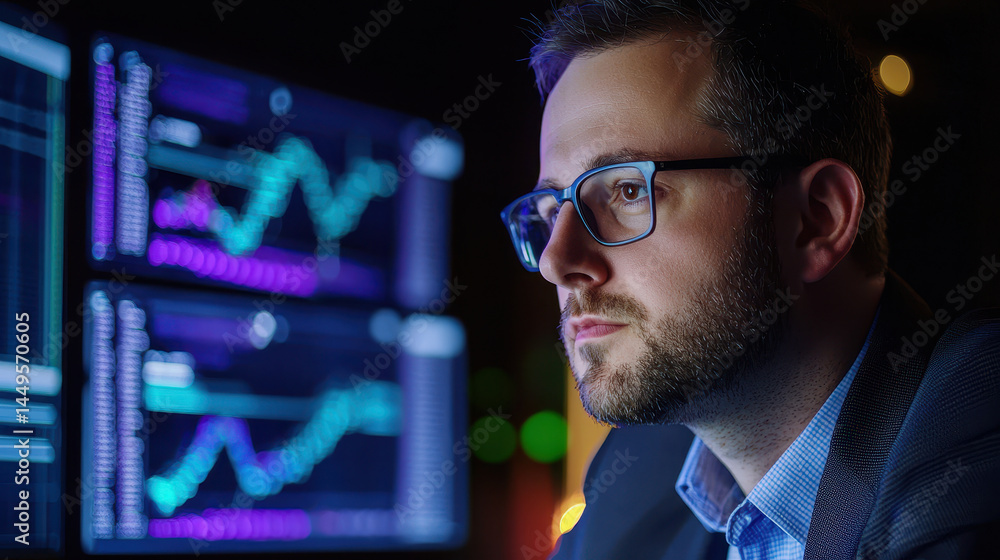 Poster focused professional analyzing data on multiple screens, showcasing digital transformation and techn