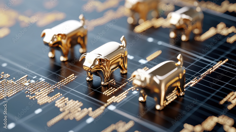 Poster golden pig figurines on stock market chart symbolize investment and financial growth, creating dynam