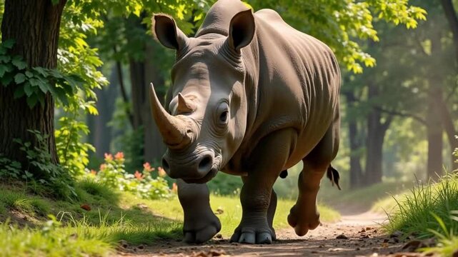 Majestic White Rhinoceros Walking on Forest Path Wildlife Nature Photography