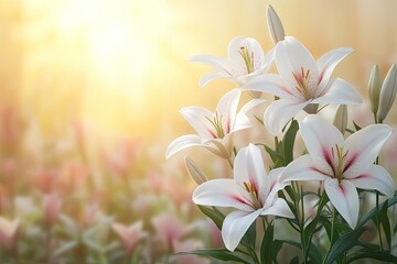 Fototapeta premium Elegant white lilies blooming against a soft, sunny blurred background. Ideal for representing purity, sympathy, or celebrating special events.