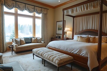 Luxurious master bedroom with a four poster bed plush bedding and serene winter landscape view through large windows