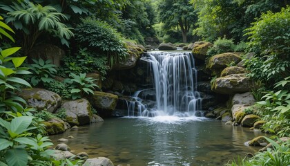 Fototapeta premium Tranquil Waterfall Flowing Through Lush Green Forest