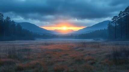 Fototapeta premium Serene Dawn Landscape with Mountains, Trees and a Meadow Radiating Light