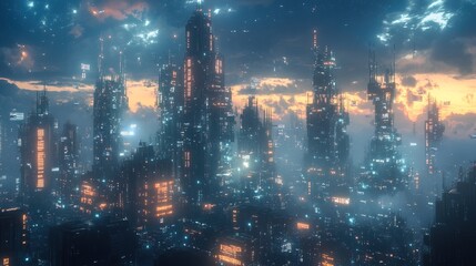 Fototapeta premium Futuristic Cityscape at Sunset