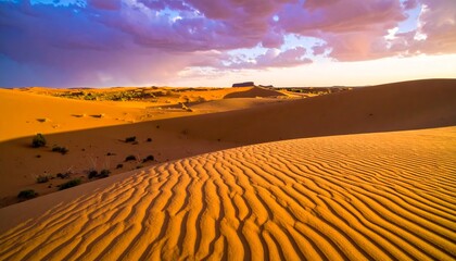 Dramatic Desert Landscape at Sunset Rippled Sands and Vivid Sky
