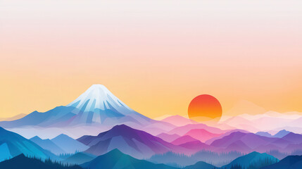 Obraz premium Serene landscape featuring snow capped mountain, vibrant sunset, and layered hills, evoking tranquility and beauty