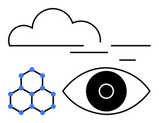 Minimalist cloud, hexagonal molecular structure with blue nodes, and bold eye icon. Ideal for technology, innovation, connectivity, vision, science, data simple landing page