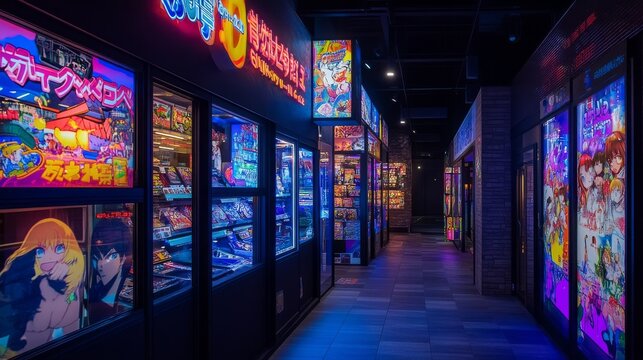 Tokyo, Japan, August 2022: In Akihabara, known for anime, retro neon signs light up shops at night. It feels like a futuristic, virtual world.
