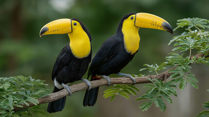 The Tropical Duo: A stunning shot of two vibrant toucans perched elegantly on a tree branch, showcasing their characteristic large beaks and striking plumage.