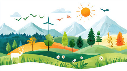 Vibrant landscape illustration featuring mountains, trees, and sun, symbolizing sustainable energy and nature beauty