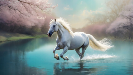 A Majestic White Horse Galloping Through Shallow Water with Cherry Blossoms and Reflections