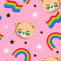Cute  bear with pride month flag and rainbow seamless pattern	for pride month celebration background 