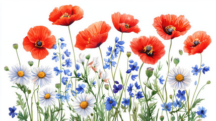 Obraz premium Vibrant watercolor flowers featuring red poppies, bluebells, and white daisies create cheerful and lively garden scene