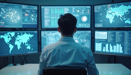 Security operator monitors multiple screens displaying data. Man at workstation analyzes information in control room. Cctv and surveillance system. Modern digital technology and cyberspace.