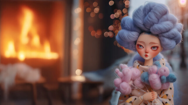 Poup&eacute;e en laine card&eacute;e aux cheveux violets volumineux, tenant un bouquet pastel devant une chemin&eacute;e floue avec lumi&egrave;res bokeh, ambiance hivernale chaleureuse et d&eacute;coration artisanale