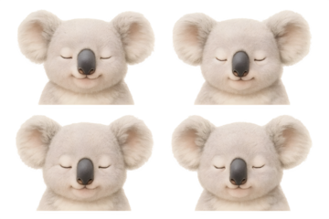 Four adorable koala faces with closed eyes and smiling expressions, grouped in a 2x2 arrangement. Concept Koala Faces, Cute Expressions, 2x2 Arrangement, Smiling Animals, Adorable Wildlife