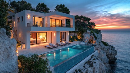 Fototapeta premium Luxury home with sunset pool view