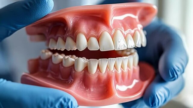 A detailed dental model showcasing upper and lower teeth and gums.