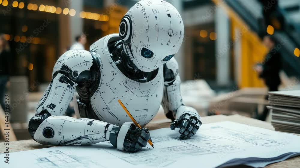 Poster advanced futuristic robot working on architectural blueprints at a construction site, demonstrating 